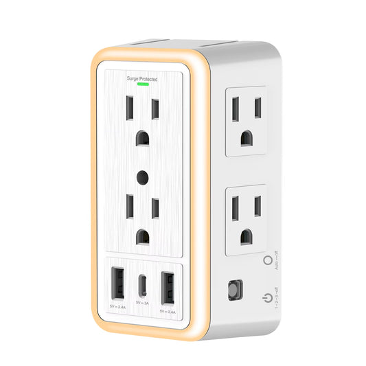 6-Outlet USB Wall Charger Extender – Surge Protected with USB-C, 3 USB Ports & Built-In Night Light